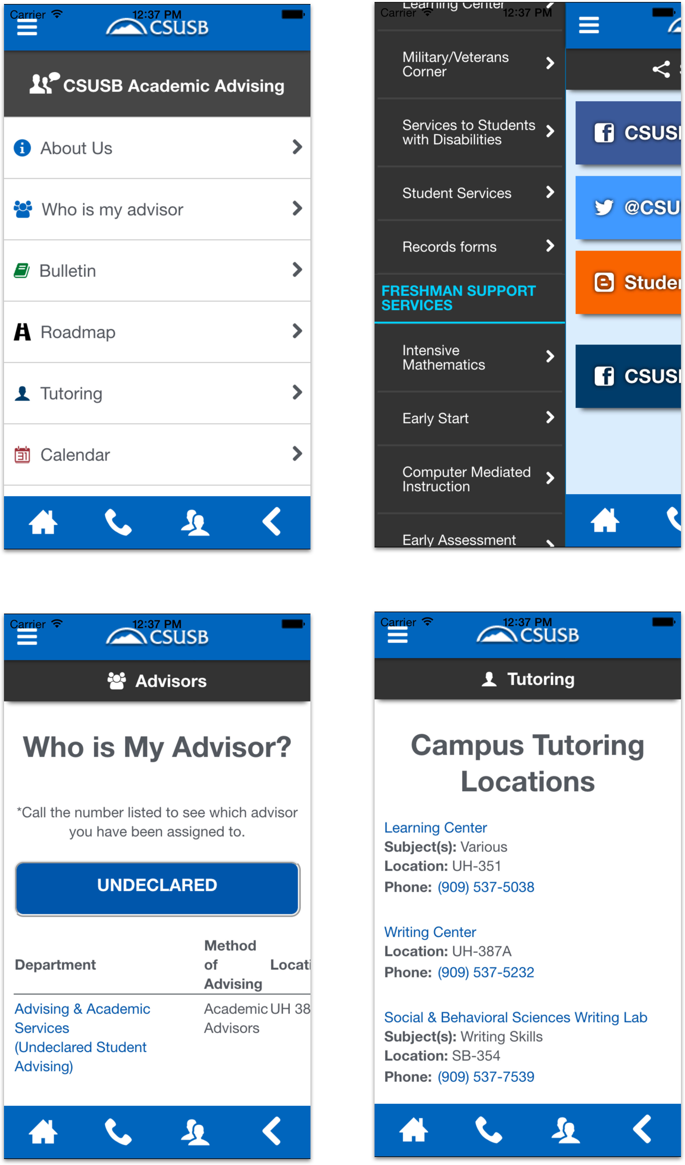 Gallery demonstrating main screens of student advising app.